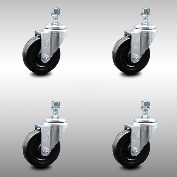 4 Inch SS Hard Rubber Wheel Swivel 12mm Threaded Stem Caster Set SCC